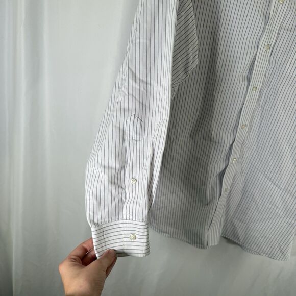 Jos A Banks Traveler's Shirt Mens 17.5 34 White Purple Striped Button Up Long Sl - Picture 7 of 11
